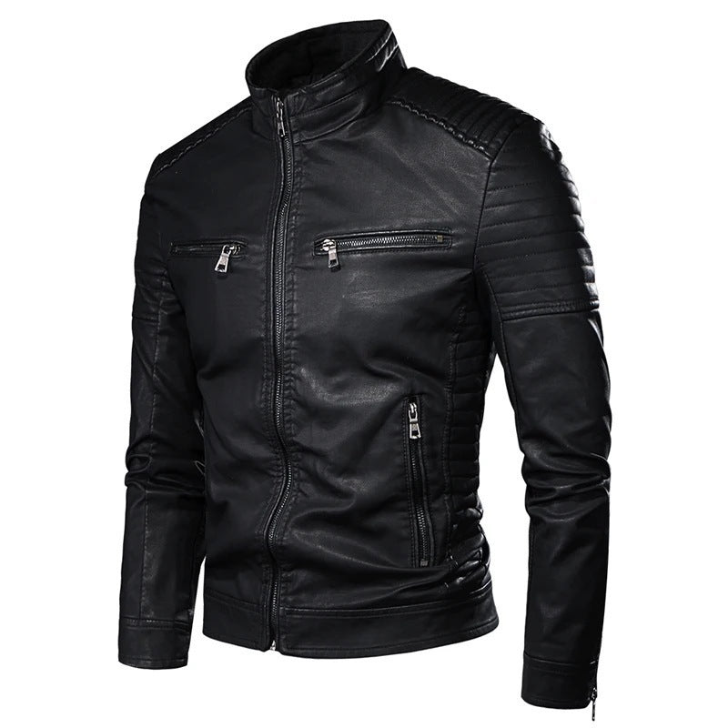 Herren Slim-Fit Biker-Lederjacke mit Stehkragen und gesteppter Schulterpartie Shop Nory