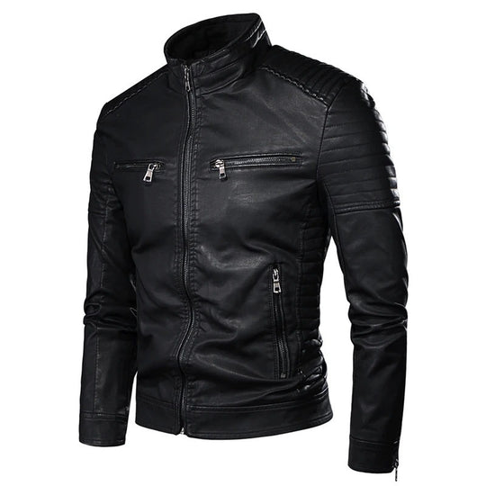 Herren Slim-Fit Biker-Lederjacke mit Stehkragen und gesteppter Schulterpartie Shop Nory