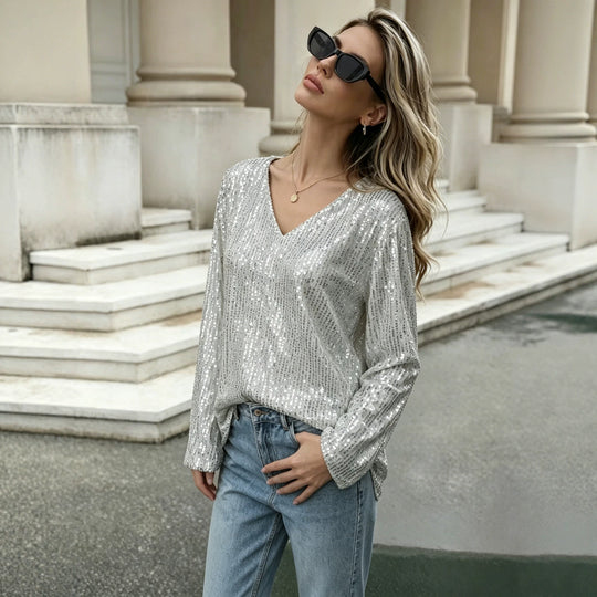 Damen Glitzerndes Pailletten-Longsleeve mit V-Ausschnitt und legerer Tunika-Silhouette Shop Nory