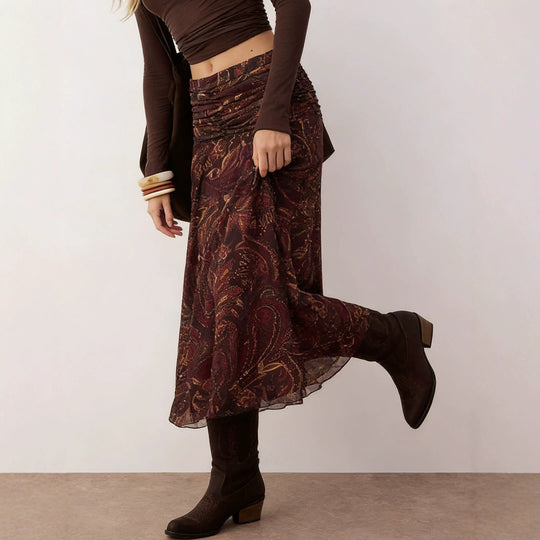 Damen Midirock im Boho‑Stil mit gerafftem Hüftbund und Paisley‑Print Shop Nory