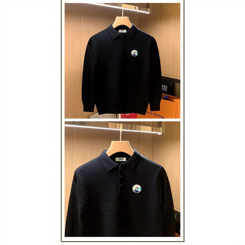 Herren Polokragen-Pullover aus weichem Flauschstrick mit Logo‑Patch Shop Nory