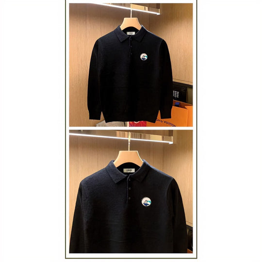 Herren Polokragen-Pullover aus weichem Flauschstrick mit Logo‑Patch Shop Nory