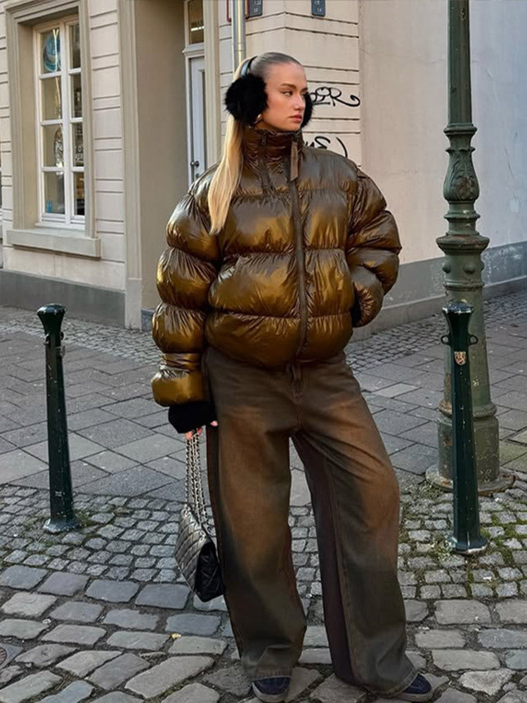 Damen Glänzende Oversize-Steppjacke mit Kapuze und hohem Stehkragen Shop Nory