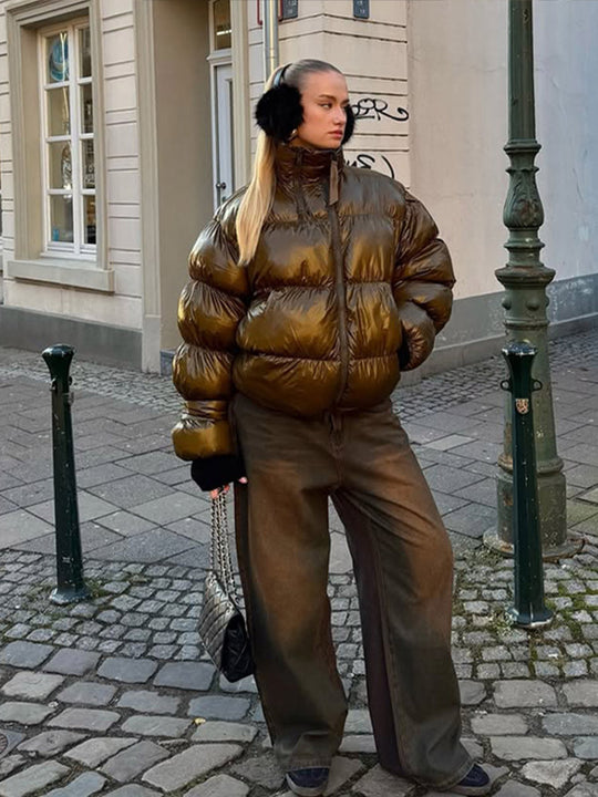 Damen Glänzende Oversize-Steppjacke mit Kapuze und hohem Stehkragen Shop Nory