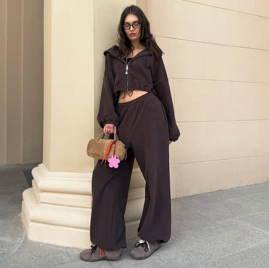 Damen oversized Kapuzenjacke mit Reißverschluss und weiten Jogginghose Lounge-Set Shop Nory