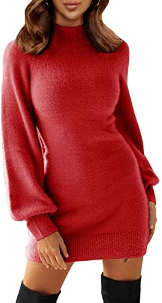 Damen Tailliertes Teddy-Strick-Minikleid mit Stehkragen und Ballonärmeln Shop Nory