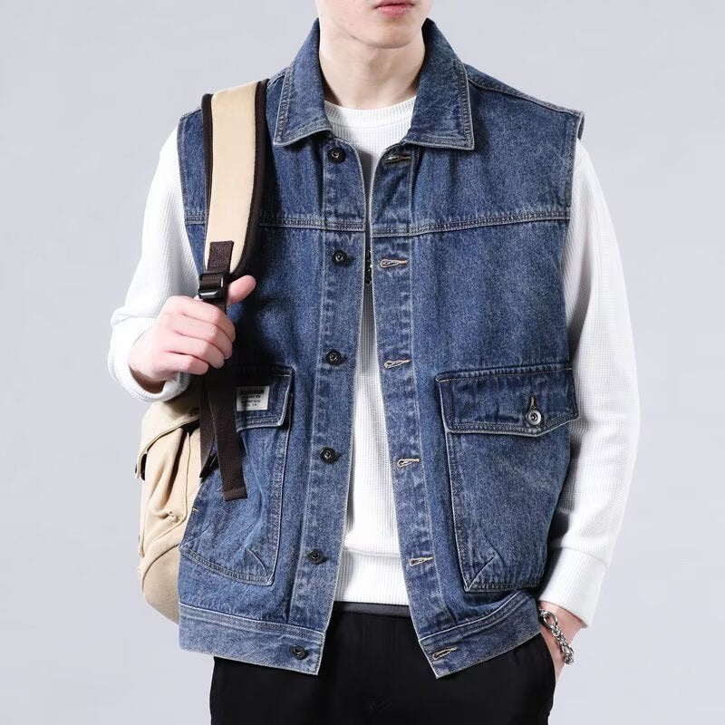 Herren Ärmellose Jeans-Workerweste mit Pattentaschen und kastiger Passform Shop Nory