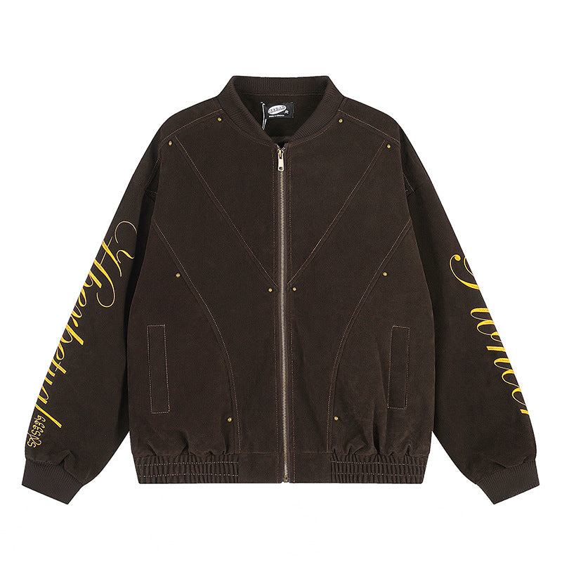 Damen Oversize-Bomberjacke im Velours-Look mit Script-Ärmeln und Metallnieten Shop Nory