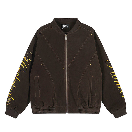 Damen Oversize-Bomberjacke im Velours-Look mit Script-Ärmeln und Metallnieten Shop Nory