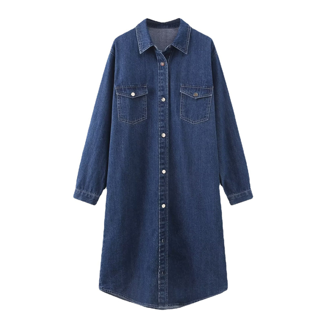 Damen Langes Denim-Hemdblusenkleid mit Knopfleiste und Brusttaschen Shop Nory