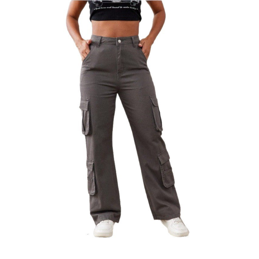 Damen Hochtaillierte Utility-Cargo-Hose mit geradem Bein, Mehrfach-Pattentaschen & verstellbarem Saum Shop Nory