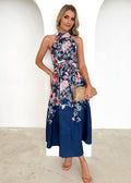 Damen Maxikleid mit elegantem Hochgeschlossenen Halterneck und femininen Rüschendetails