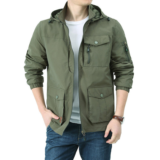 Herren wasserabweisende Kapuzen-Canvas-Fieldjacke mit verdecktem Zweiwege-Reißverschluss, elastischen Ärmelbündchen und Utility-Pattentaschen Shop Nory