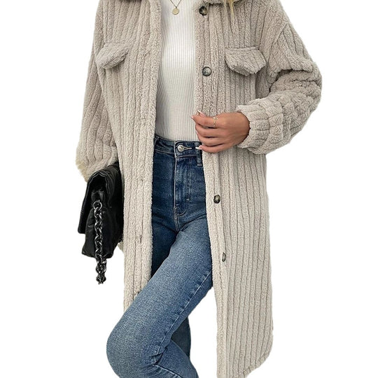 Damen nan langer Teddy-Mantel mit Schalkragen und aufgesetzten Brusttaschen Shop Nory