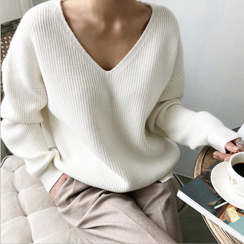 Damen lässiger Strickpullover mit V-Ausschnitt und weit geschnittenen Ärmeln