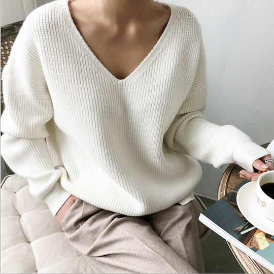 Damen lässiger Strickpullover mit V-Ausschnitt und weit geschnittenen Ärmeln