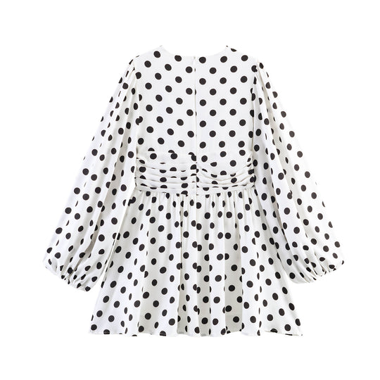 Damen Gepunktete Bluse mit tiefem V‑Ausschnitt, geraffter Taillenpartie und voluminösen Ballonärmeln Shop Nory
