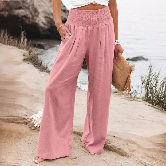 Damen weite Leinenhose mit elastischem Bund