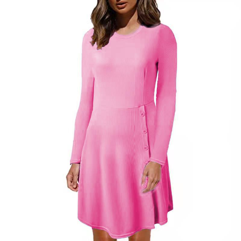 Damen Geripptes A‑Linien Kleid mit Rundhalsausschnitt, langen Ärmeln und seitlicher Knopfleiste Shop Nory