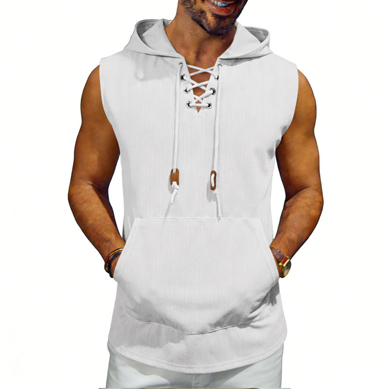 Herren nan ärmellose Kapuzenweste mit Schnür-V-Ausschnitt, Kängurutasche und lässiger Passform