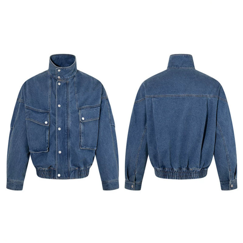 Damen Oversize-Jeansjacke mit Stehkragen, Druckknopfleiste und aufgesetzten Cargo-Taschen Shop Nory