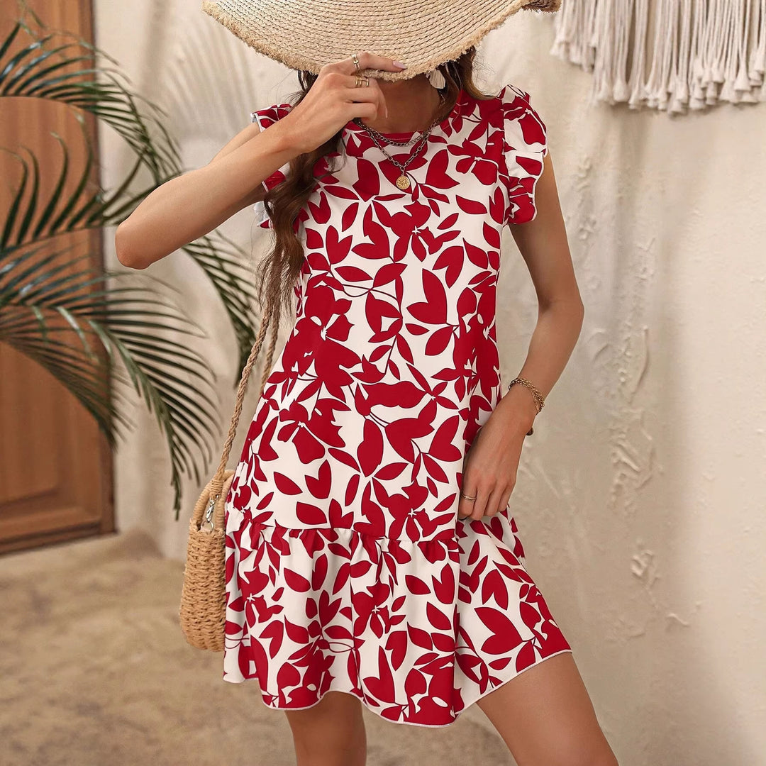 Damen Leichtes Stufen‑Kurzkleid mit Rüschenärmeln und botanischem Print Shop Nory