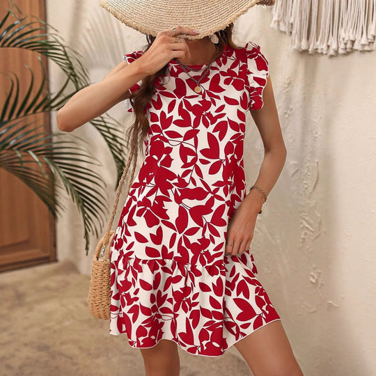 Damen Leichtes Stufen‑Kurzkleid mit Rüschenärmeln und botanischem Print Shop Nory