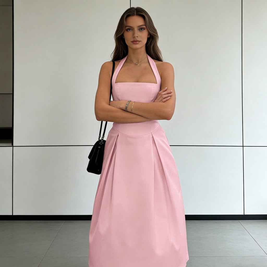 Damen Elegantes Midikleid mit tiefem V-Ausschnitt und stilvollem Faltenrock