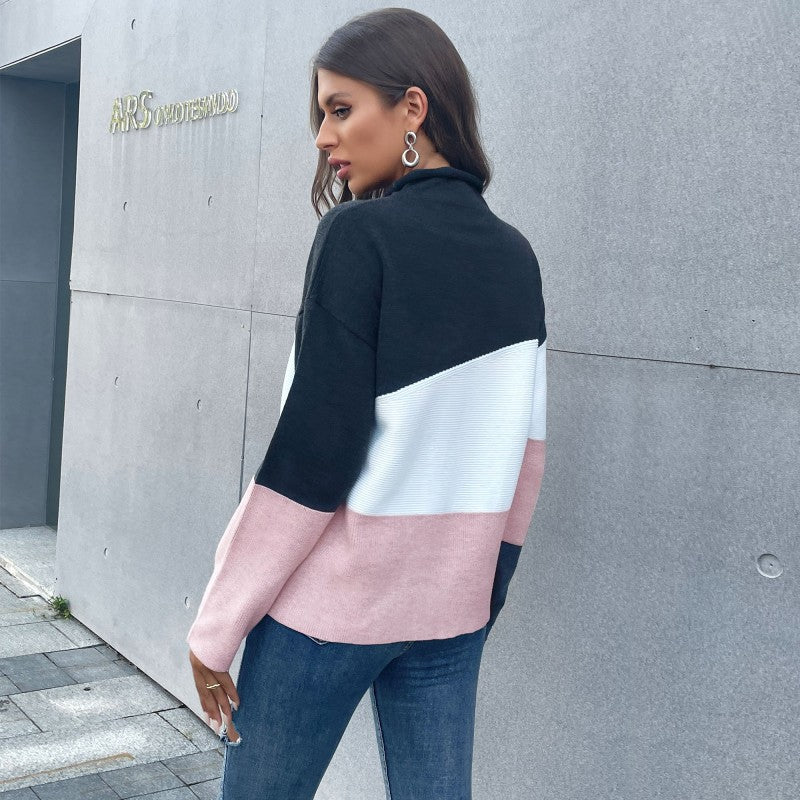 Damen Dreifarbiger Strukturstrick-Pullover mit Stehkragen und lässiger Oversize-Silhouette Shop Nory