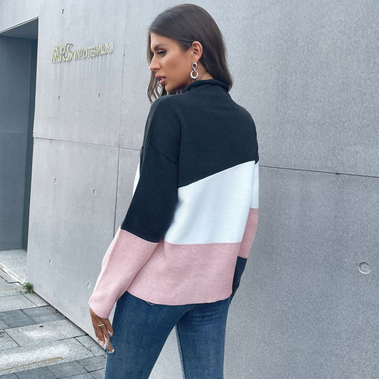 Damen Dreifarbiger Strukturstrick-Pullover mit Stehkragen und lässiger Oversize-Silhouette Shop Nory