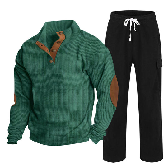 Herren Gemütliches Freizeit-Set aus Waffelstrick-Henley mit Ellenbogenpatch und Relax-Cargo-Hose Shop Nory
