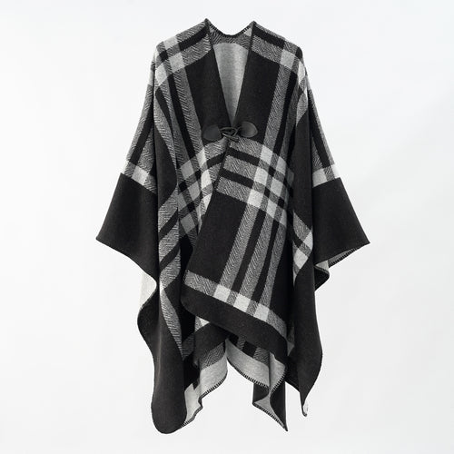 Damen Reversibler Wollmix-Poncho mit Knebelverschluss und Karomuster Shop Nory