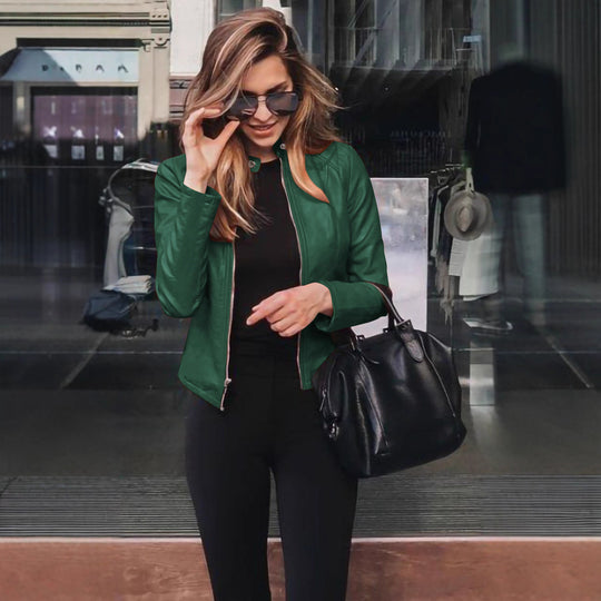 Damen nan taillierte Lederjacke mit Stehkragen und verdecktem Reißverschluss Shop Nory