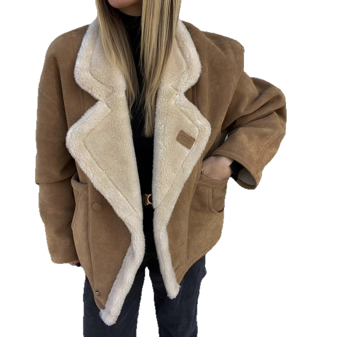 Damen Oversized Kurzjacke aus Wildlederoptik mit Teddyfutter und großem Reverskragen Shop Nory