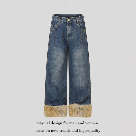 Damen Weite Denim-Palazzo-Jeans mit Fellbündchen und Nieten Shop Nory