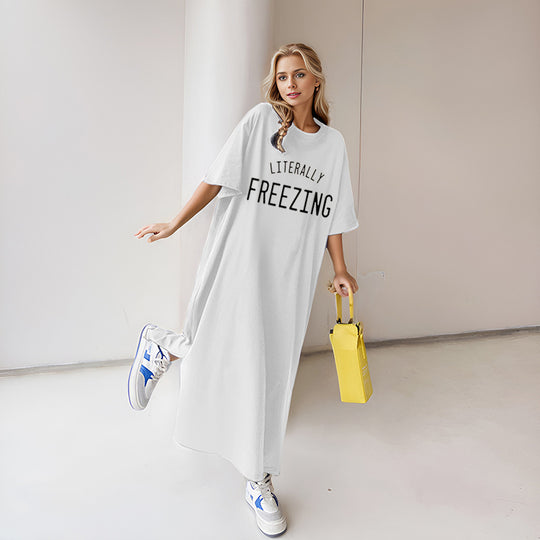 Damen nan lässiges Oversize Maxi-T-Shirt-Kleid mit Rundhals und Statement-Print Shop Nory