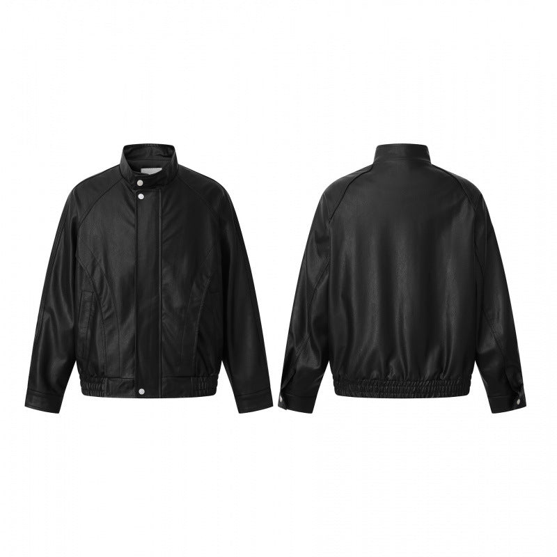 Unisex Kurz geschnittene kastige Kunstleder-Bomberjacke mit hohem Stehkragen, Druckknopfblende und elastischem Saum Shop Nory