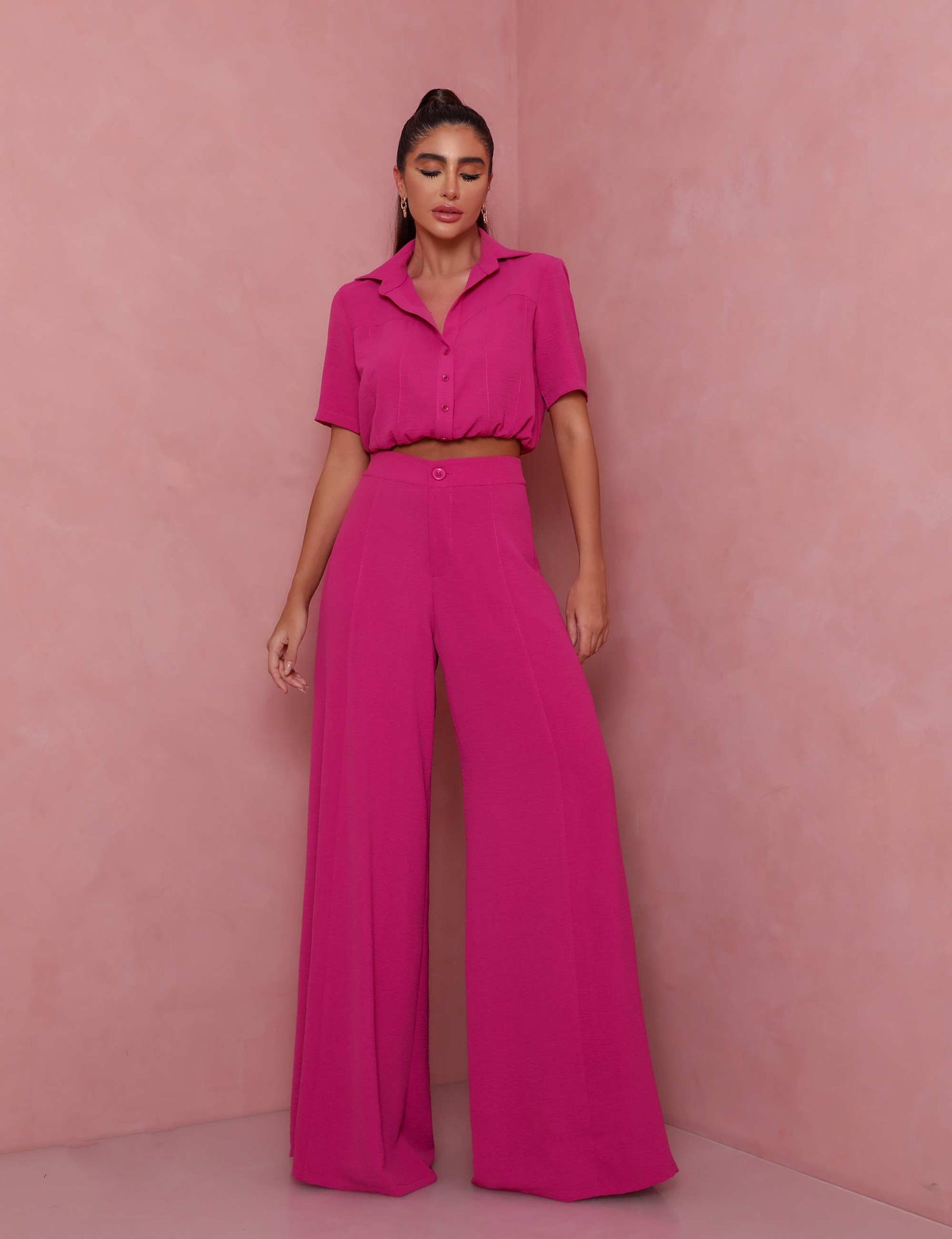 Damen Elegantes Kurzarm-Blusen und Palazzo-Hosen-Ensemble