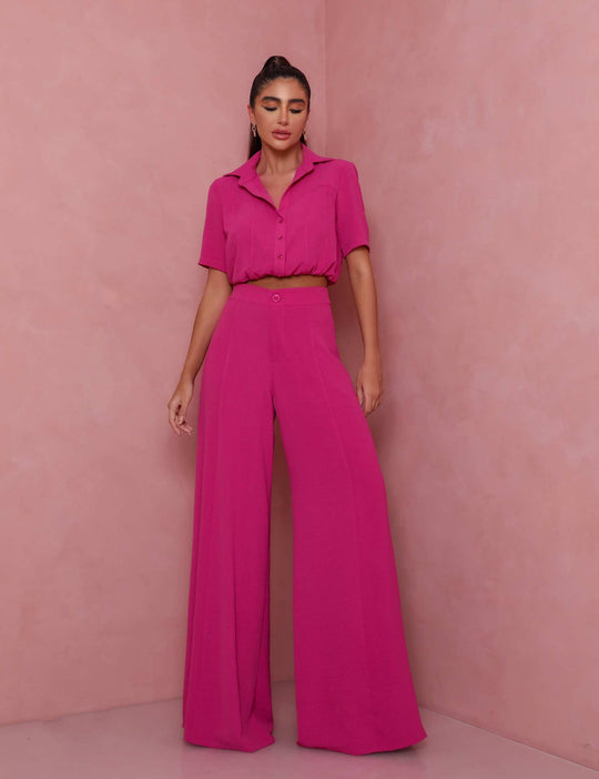 Damen Elegantes Kurzarm-Blusen und Palazzo-Hosen-Ensemble