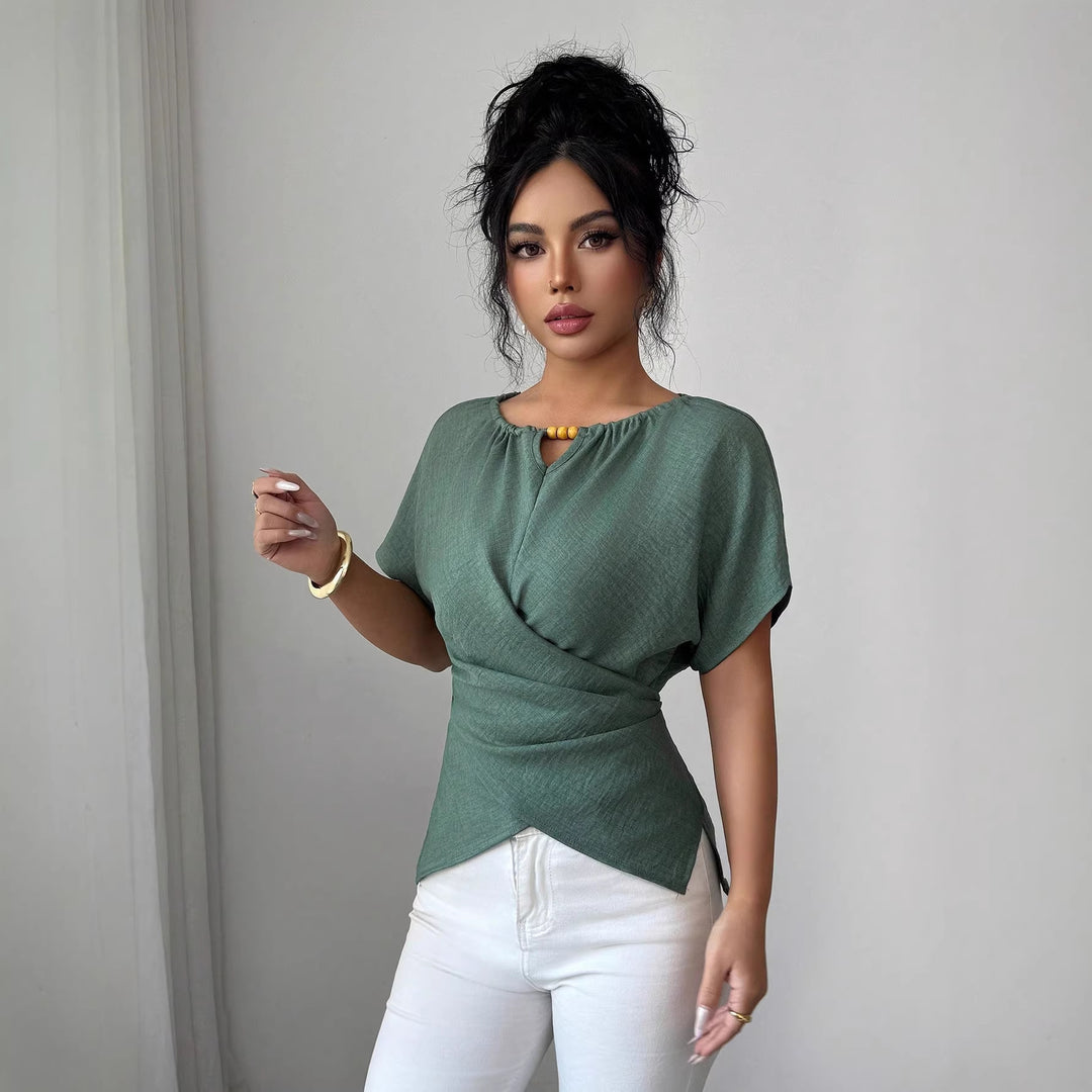 Damen Tailliertes Leinenoptik-Top mit Schlüsselöffnung, Perlen-Detail und Drapierung Shop Nory