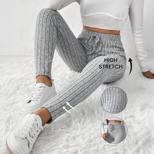 Damen gerippte Highwaist-Stricklegging mit Tunnelzug, elastischer Bund und figurbetonter Skinny-Passform Shop Nory