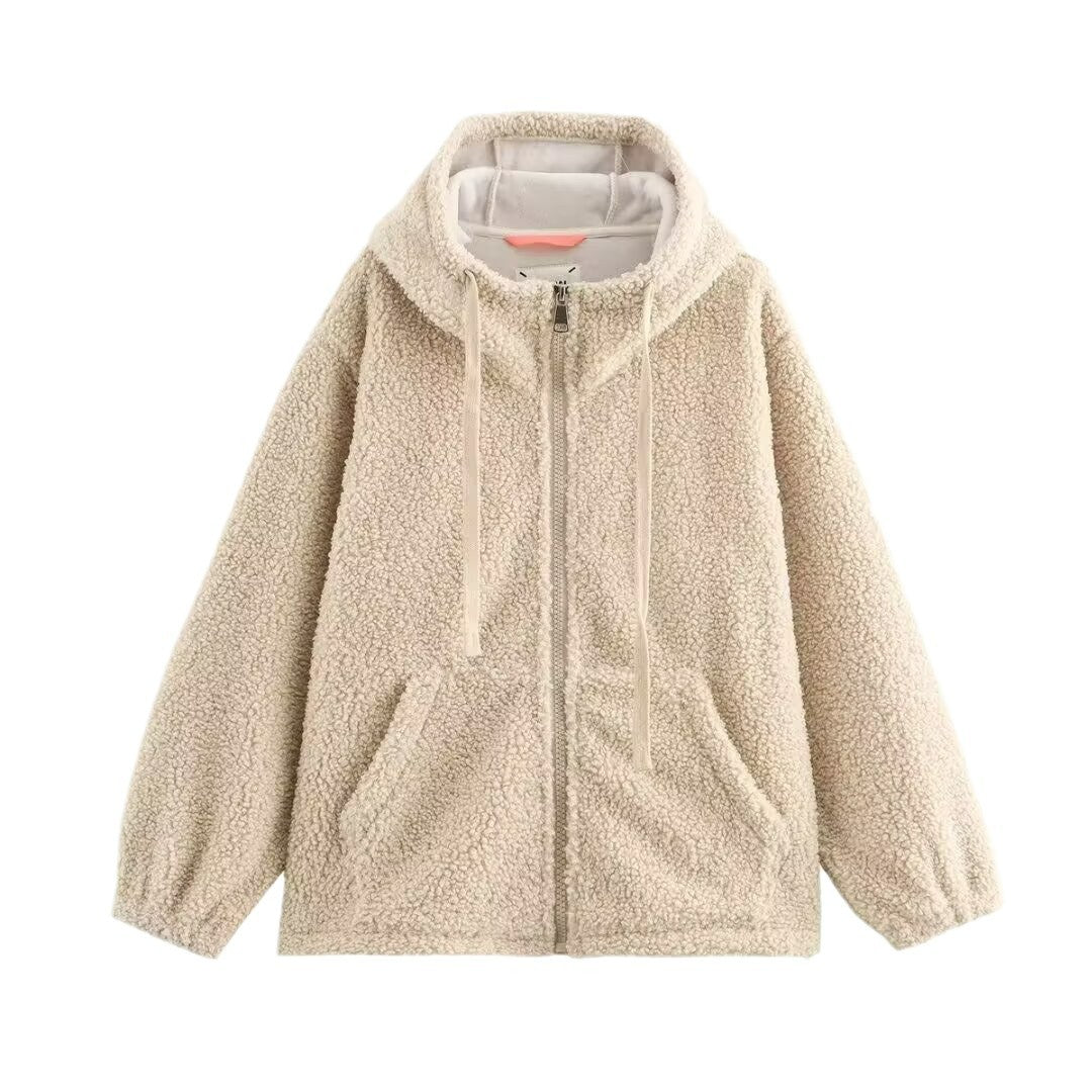 Damen Teddy-Fleece-Kapuzenjacke mit durchgehendem Reißverschluss und Kängurutaschen Shop Nory