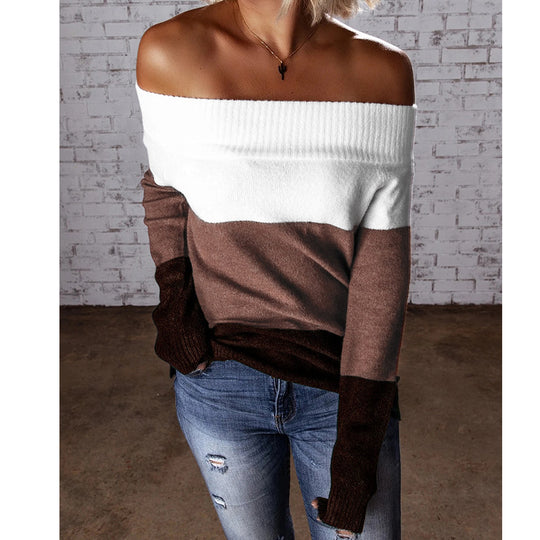 Damen Schulterfreier Colorblock-Strickpullover mit Umschlagkragen Shop Nory