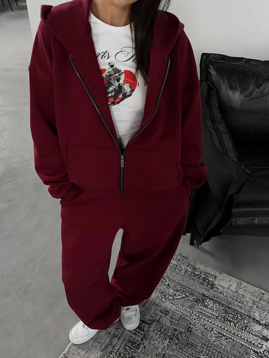 Damen lässiges Zip-Lounge-Set mit übergroßer Kapuzenjacke und taillierter Relax-Jogginghose Shop Nory