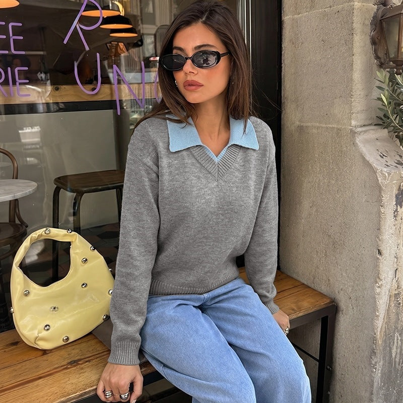 Damen Modischer V-Ausschnitt Pullover mit Kragen Shop Nory
