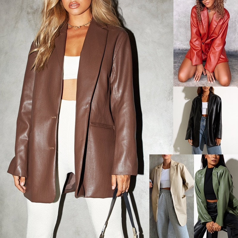 Damen Oversized Kunstleder Blazerjacke