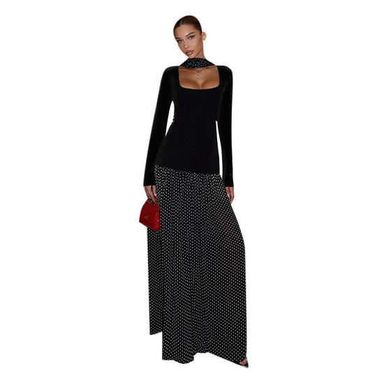 Damen Langärmeliges Maxikleid mit taillierter Silhouette, eckigem Ausschnitt und transparentem Chiffon‑Überrock Shop Nory