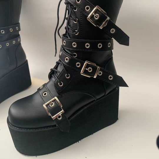 Damen plateau Combatstiefel mit Schnallen Ösen Schnürung und seitlichem Reißverschluss Shop Nory