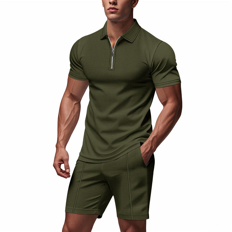 Herren Sportliches Kurzarm-Set mit teils strukturiertem Design und durchgehendem Reißverschluss