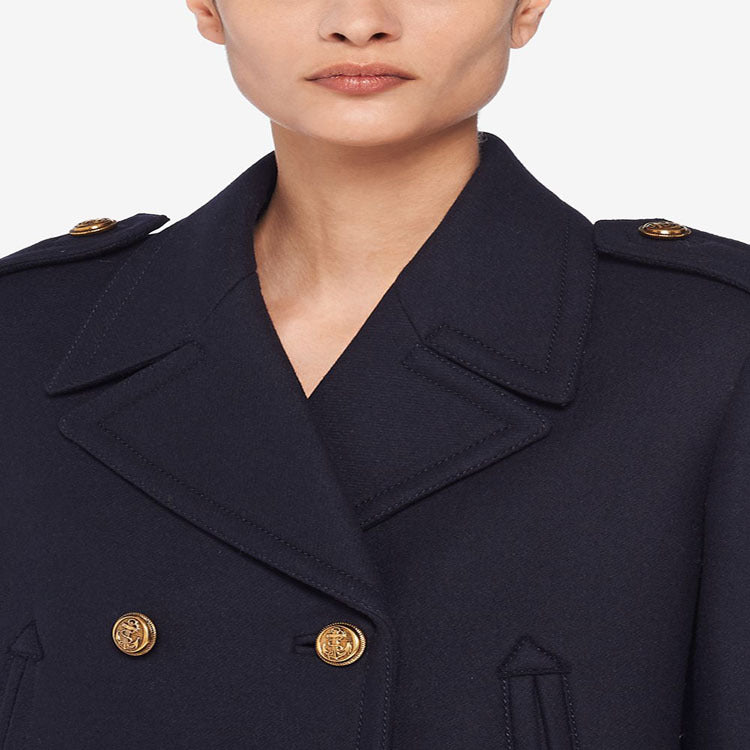 Damen Doppelreihiger militärinspirierter Maxi‑Wollmantel mit Epauletten und Zierriegeln Shop Nory